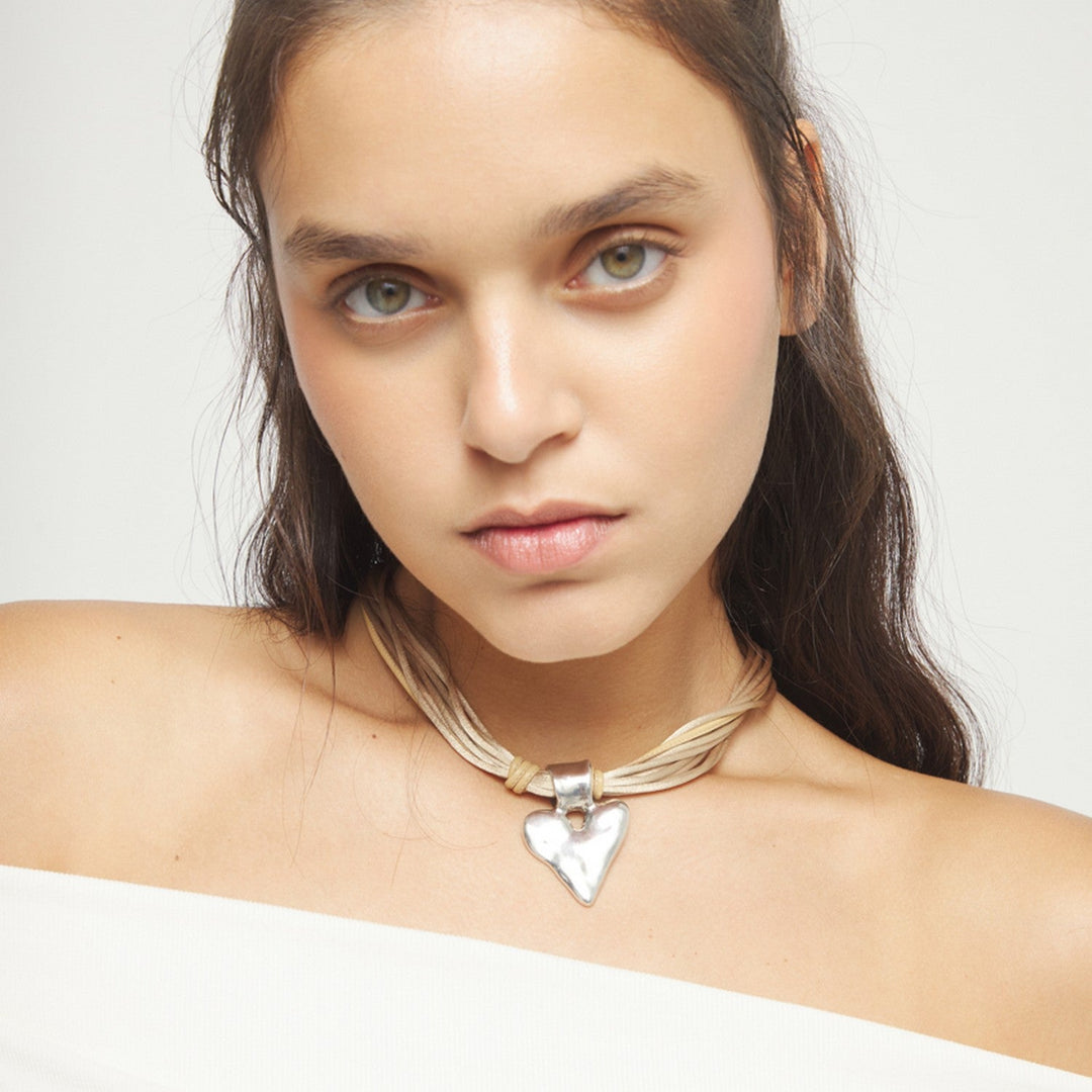 Mixed Beige Silk And Leather Thread Sterling Silver Heart Detail Necklace COL2066CAMMTL