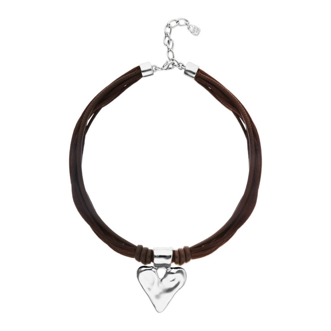 Mixed Dark Brown Silk And Leather Thread Sterling Silver Heart Detail Necklace COL2066MARMTL