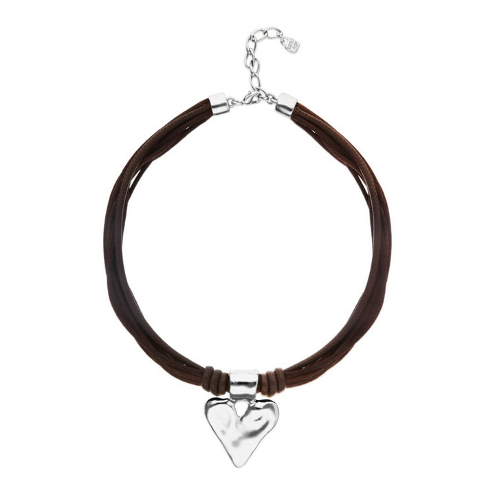 Mixed Dark Brown Silk And Leather Thread Sterling Silver Heart Detail Necklace COL2066MARMTL