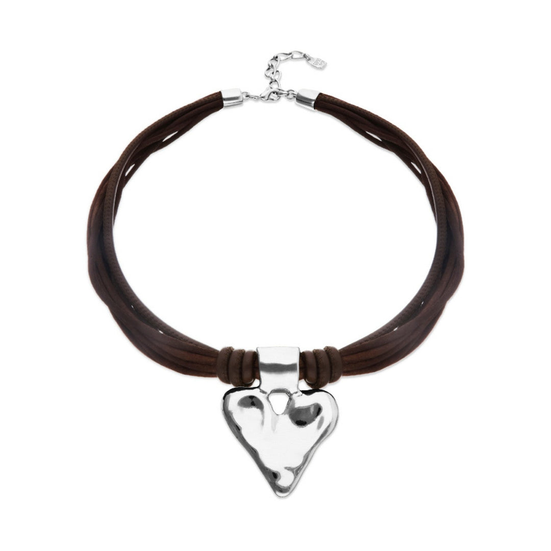Mixed Dark Brown Silk And Leather Thread Sterling Silver Heart Detail Necklace COL2066MARMTL