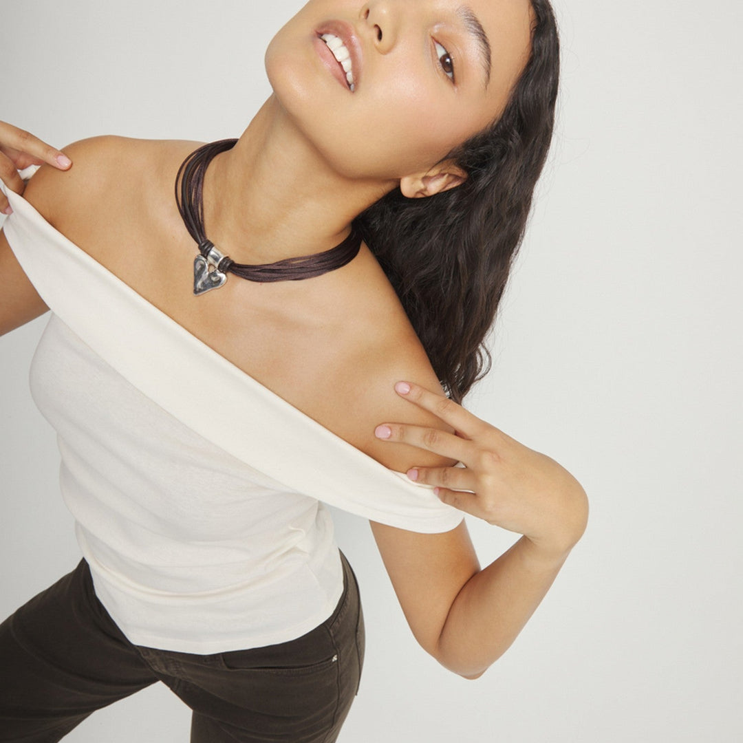 Mixed Dark Brown Silk And Leather Thread Sterling Silver Heart Detail Necklace COL2066MARMTL