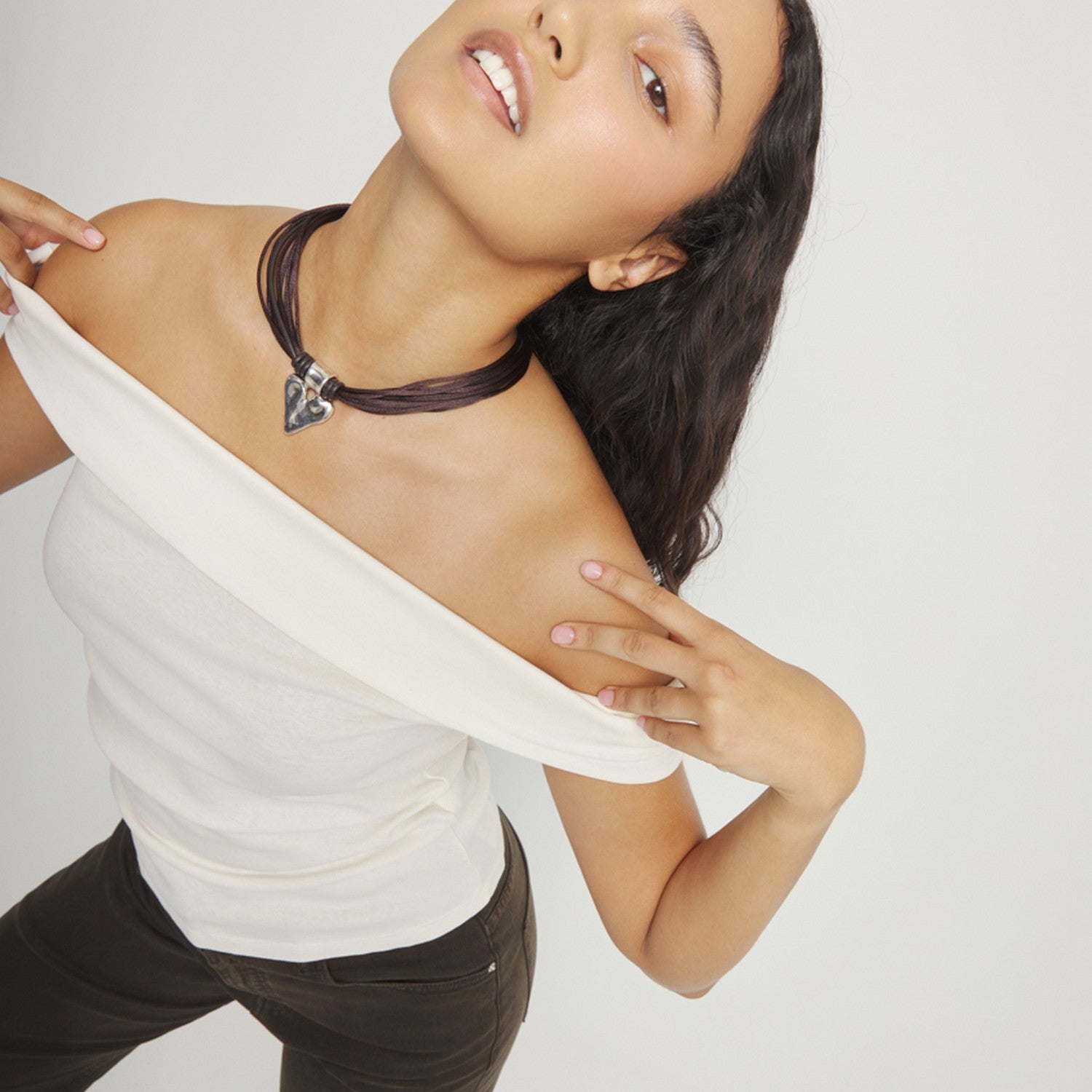 Mixed Dark Brown Silk And Leather Thread Sterling Silver Heart Detail Necklace COL2066MARMTL