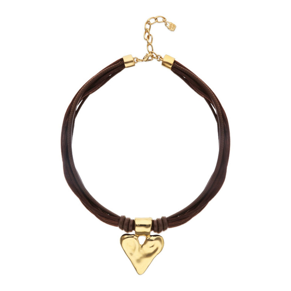 Mixed Dark Brown Silk And Leather Thread 18K Gold Heart Detail Necklace COL2066MARORO