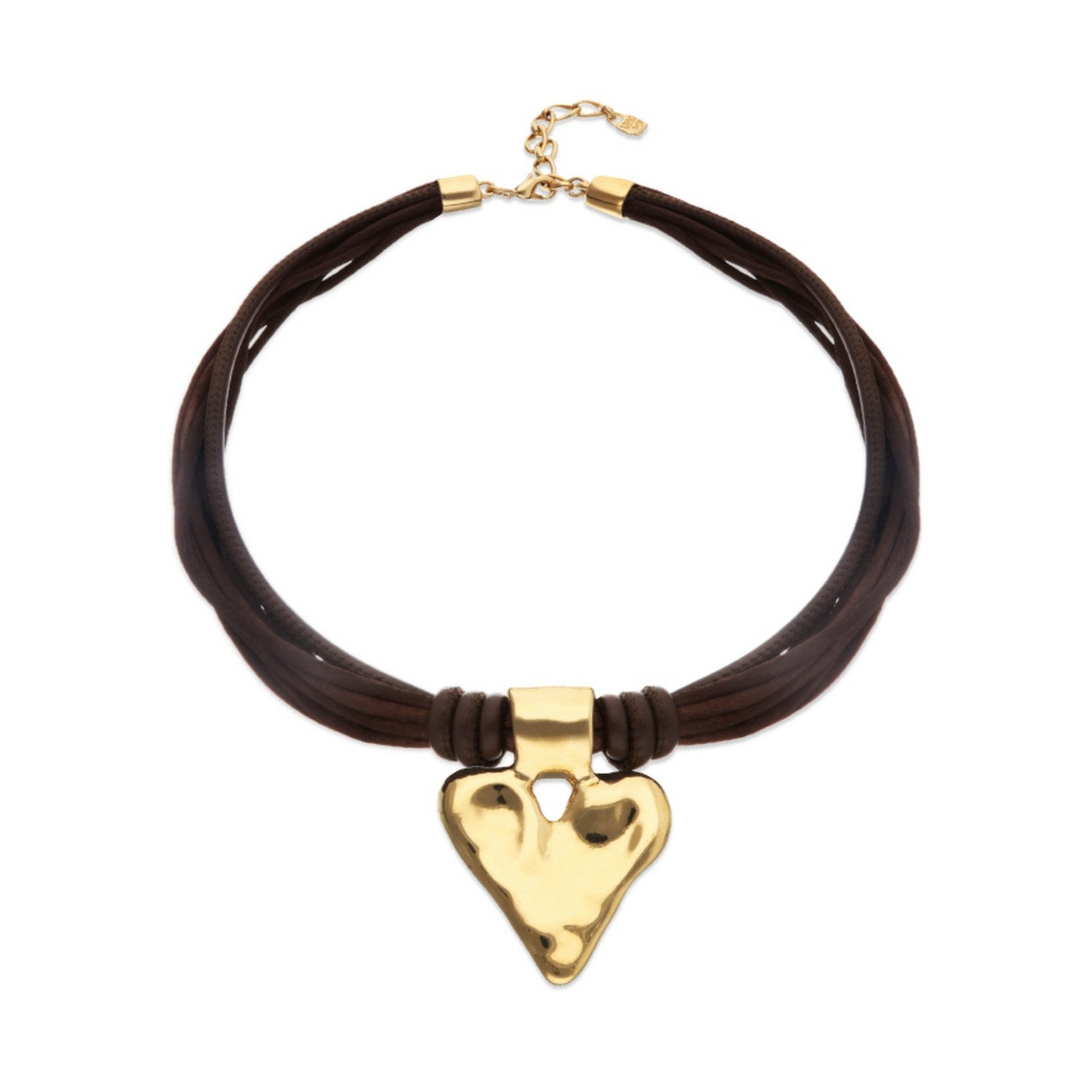 Mixed Dark Brown Silk And Leather Thread 18K Gold Heart Detail Necklace COL2066MARORO