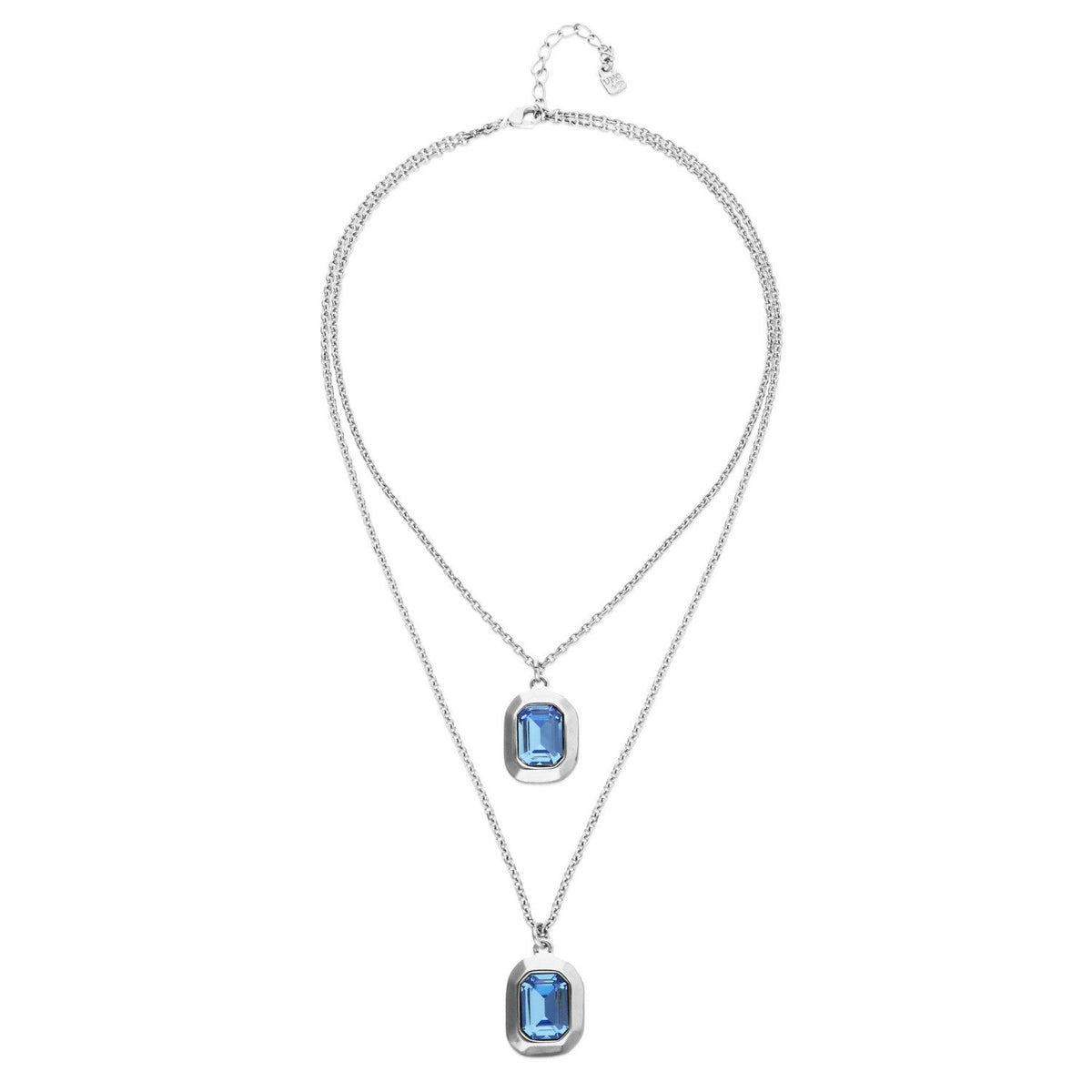 Sterling Silver Plated Double Blue Faceted Crystal Necklace COL2072AZUMTL