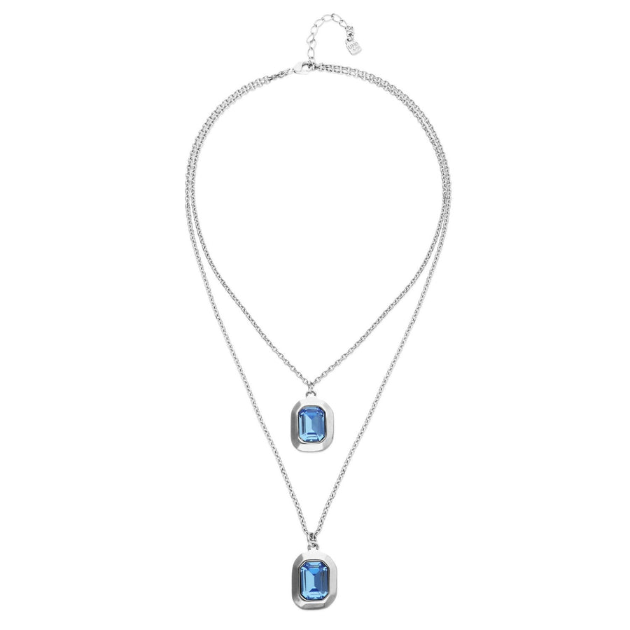 Sterling Silver Plated Double Rectangular Blue Faceted Crystal Necklace COL2072AZUMTL
