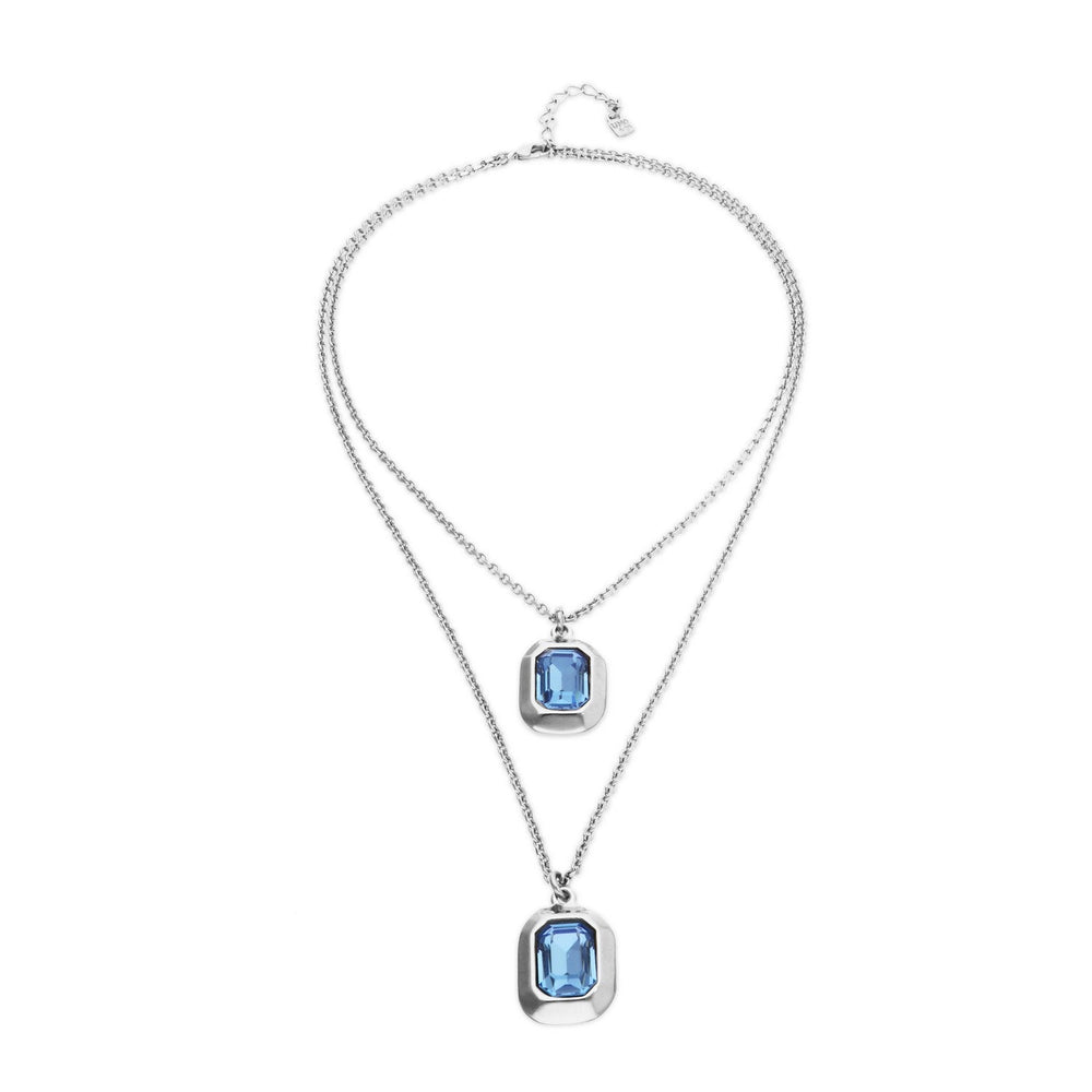 Sterling Silver Plated Double Rectangular Blue Faceted Crystal Necklace COL2072AZUMTL
