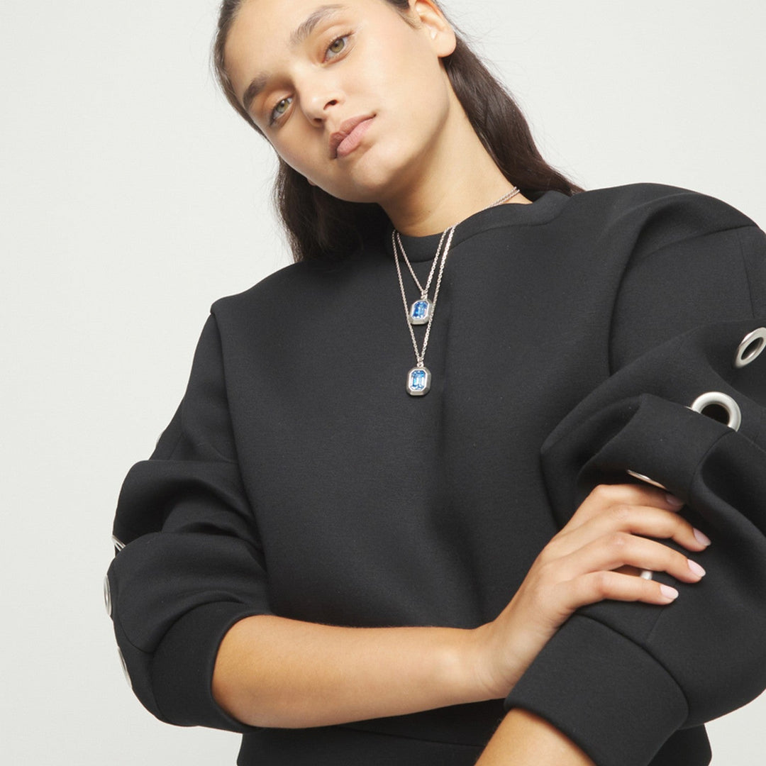 Sterling Silver Plated Double Blue Faceted Crystal Necklace COL2072AZUMTL