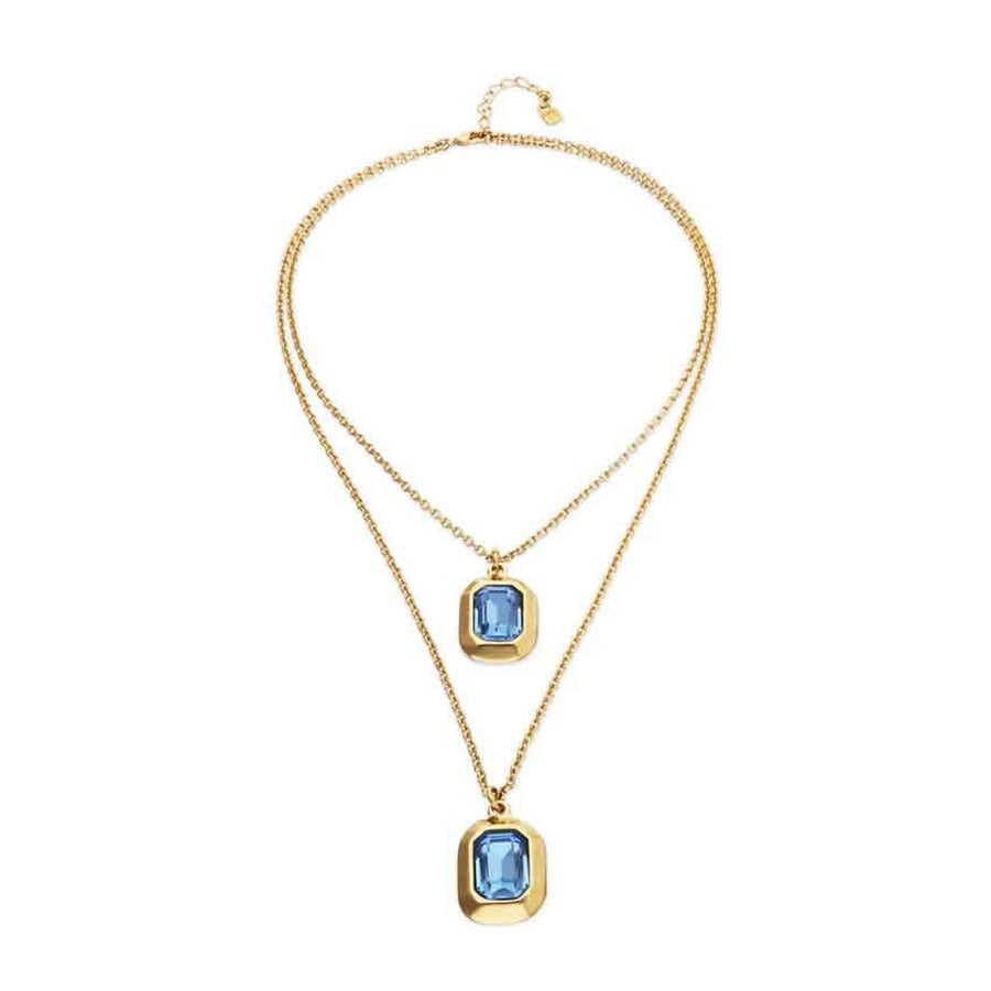 18K Gold Plated Long Double Rectangular Blue Faceted Crystal Necklace COL2072AZUORO
