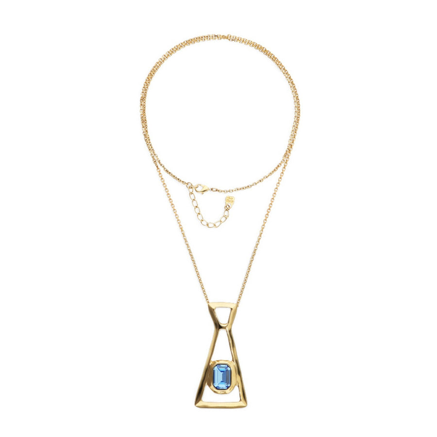 18K Gold Plated Long Rectangular Blue Faceted Crystal Necklace COL2073AZUORO