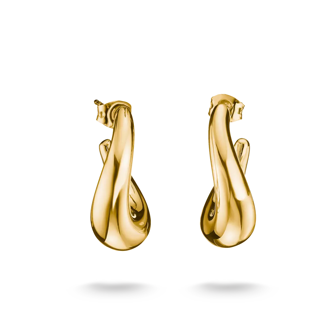 A pair of polished yellow gold hoop earrings with a unique twisted, fluid design, shown on a clean white background with soft shadows below.