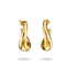 A pair of polished yellow gold hoop earrings with a unique twisted, fluid design, shown on a clean white background with soft shadows below.