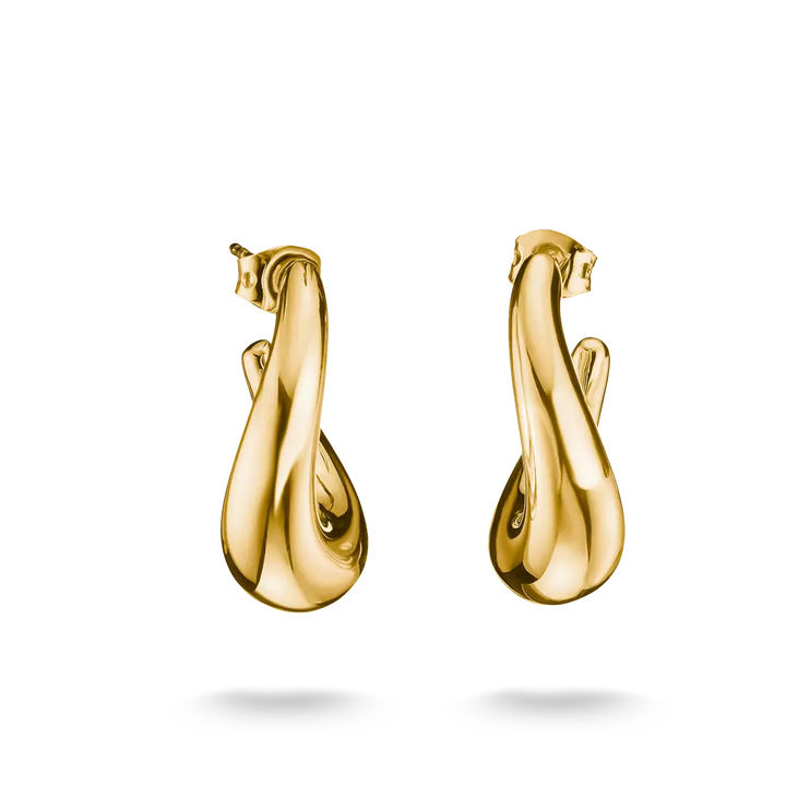 A pair of polished yellow gold hoop earrings with a unique twisted, fluid design, shown on a clean white background with soft shadows below.