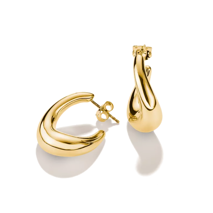A pair of polished yellow gold hoop earrings, one shown from the front and the other from a side angle to display the post and back, on a clean white background with soft shadows.