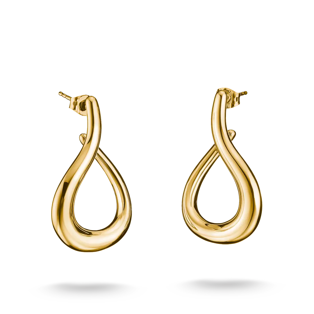 A pair of gold teardrop-shaped hoop earrings with a smooth, polished finish, shown on a clean white background with soft drop shadows.
