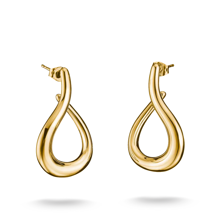 A pair of gold teardrop-shaped hoop earrings with a smooth, polished finish, shown on a clean white background with soft drop shadows.