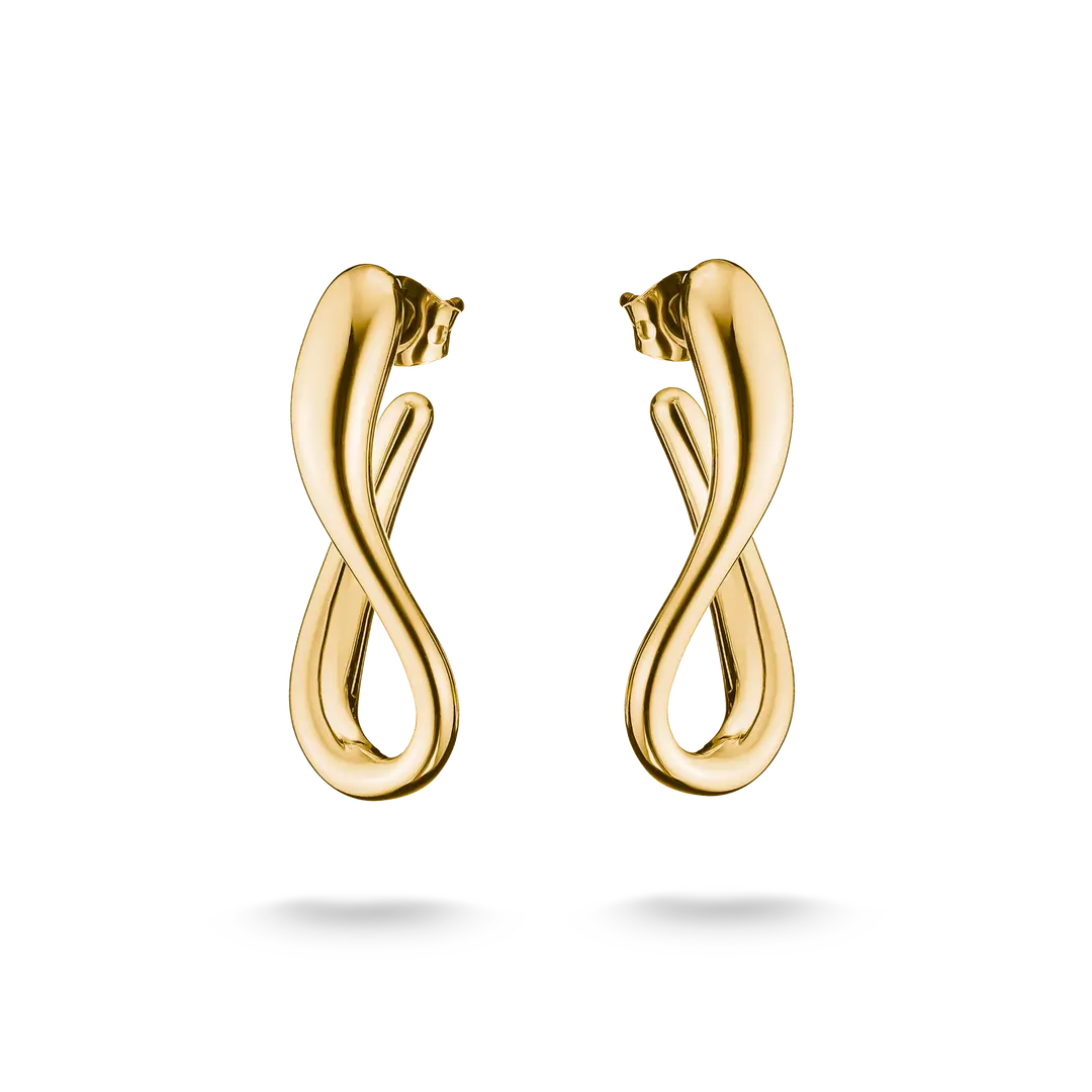 A pair of gold infinity-shaped hoop earrings with a polished finish, shown on a clean white background with soft drop shadows.
