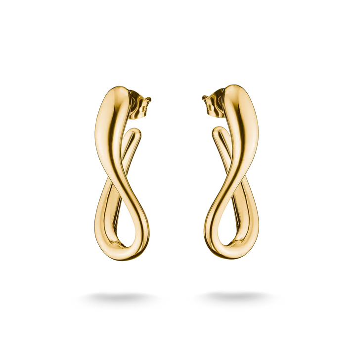A pair of gold infinity-shaped hoop earrings with a polished finish, shown on a clean white background with soft drop shadows.