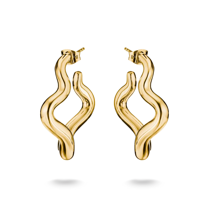 A pair of gold huggie hoop earrings with a wavy, flowing abstract design, shown on a clean white background with soft shadows below.