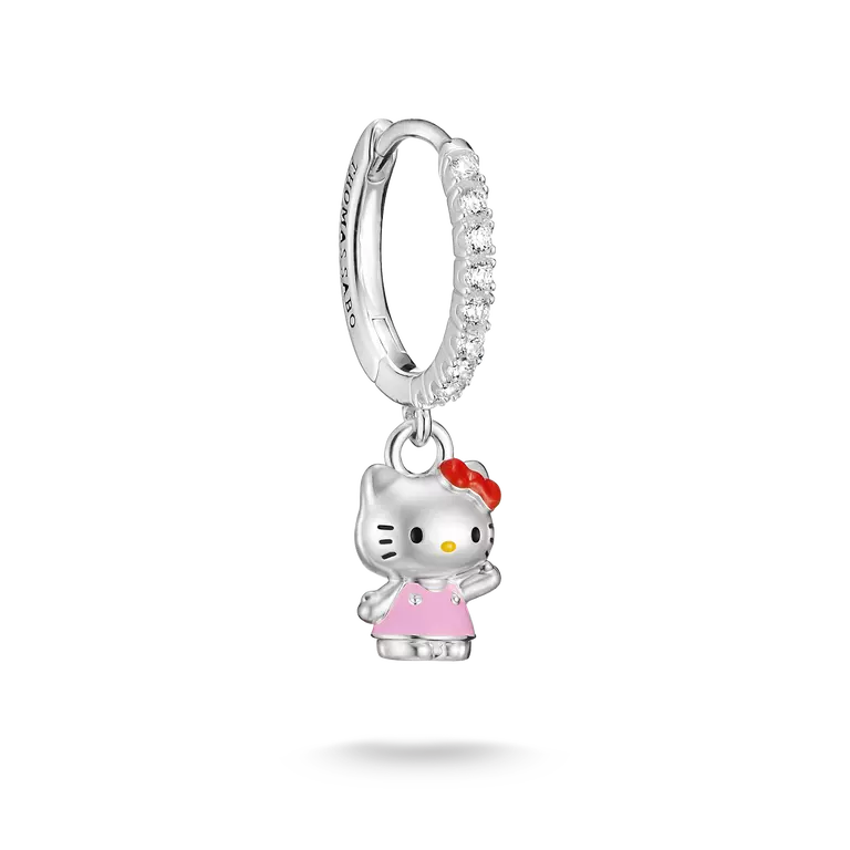 A sterling silver huggie hoop earring charm featuring a Hello Kitty character dangle. The silver hoop is embellished with small clear crystals along the front curve.