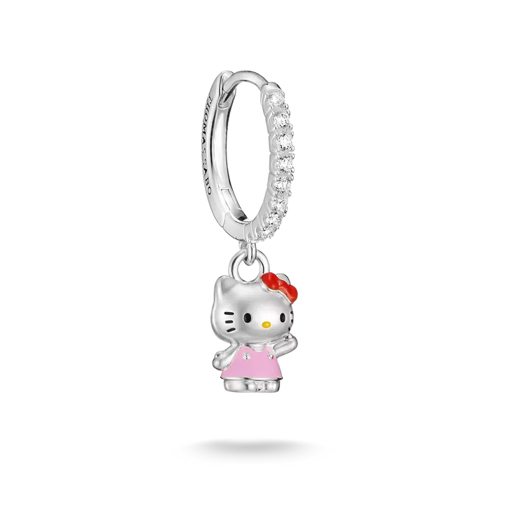 A sterling silver huggie hoop earring charm featuring a Hello Kitty character dangle. The silver hoop is embellished with small clear crystals along the front curve.