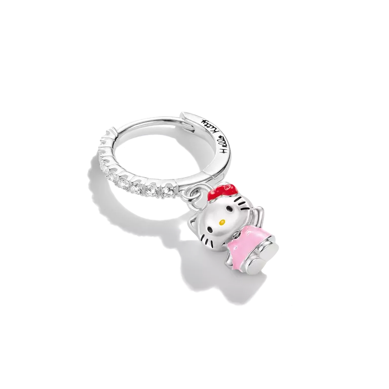 A sterling silver huggie hoop earring charm featuring a Hello Kitty character dangle. The silver hoop is embellished with small clear crystals along the front curve.