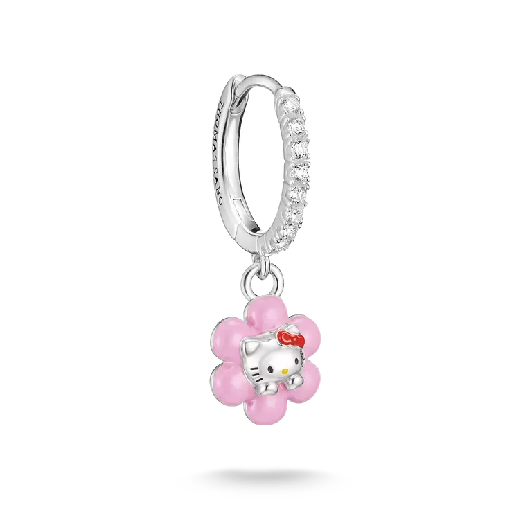 A silver huggie hoop earring with a dangling pink flower charm featuring Hello Kitty in the center, shown on a clean white background.