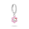A silver huggie hoop earring with a dangling pink flower charm featuring Hello Kitty in the center, shown on a clean white background.