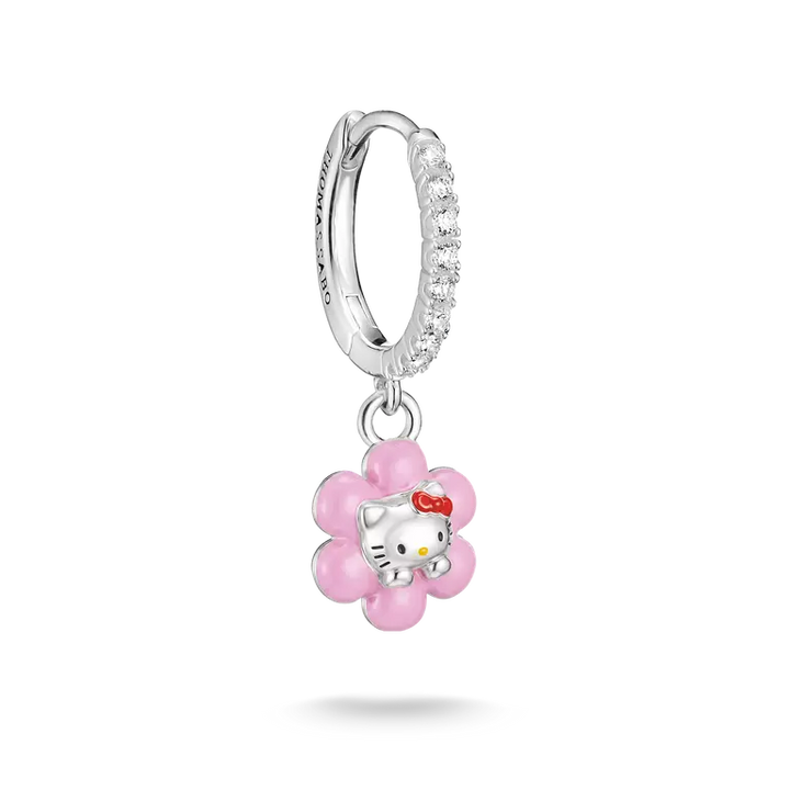 A silver huggie hoop earring with a dangling pink flower charm featuring Hello Kitty in the center, shown on a clean white background.