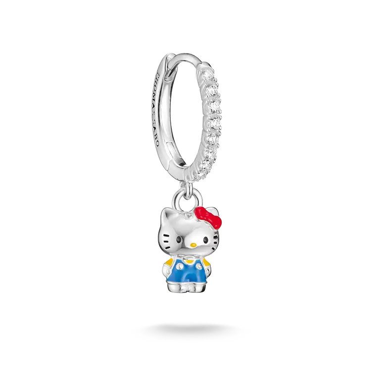 A sterling silver huggie hoop earring charm featuring a Hello Kitty character dangle. The silver hoop is embellished with small clear crystals along the front curve.
