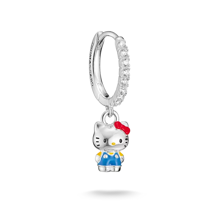 A sterling silver huggie hoop earring charm featuring a Hello Kitty character dangle. The silver hoop is embellished with small clear crystals along the front curve.