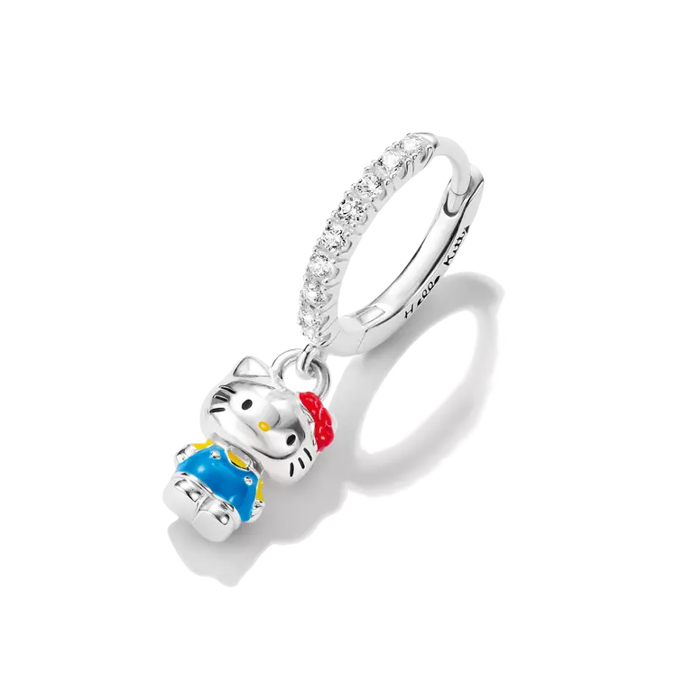 A sterling silver huggie ring charm featuring a Hello Kitty character pendant with blue and red enamel details, set against a clean white background.
