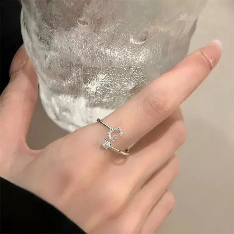 Diamond Initial Letter Silver Ring