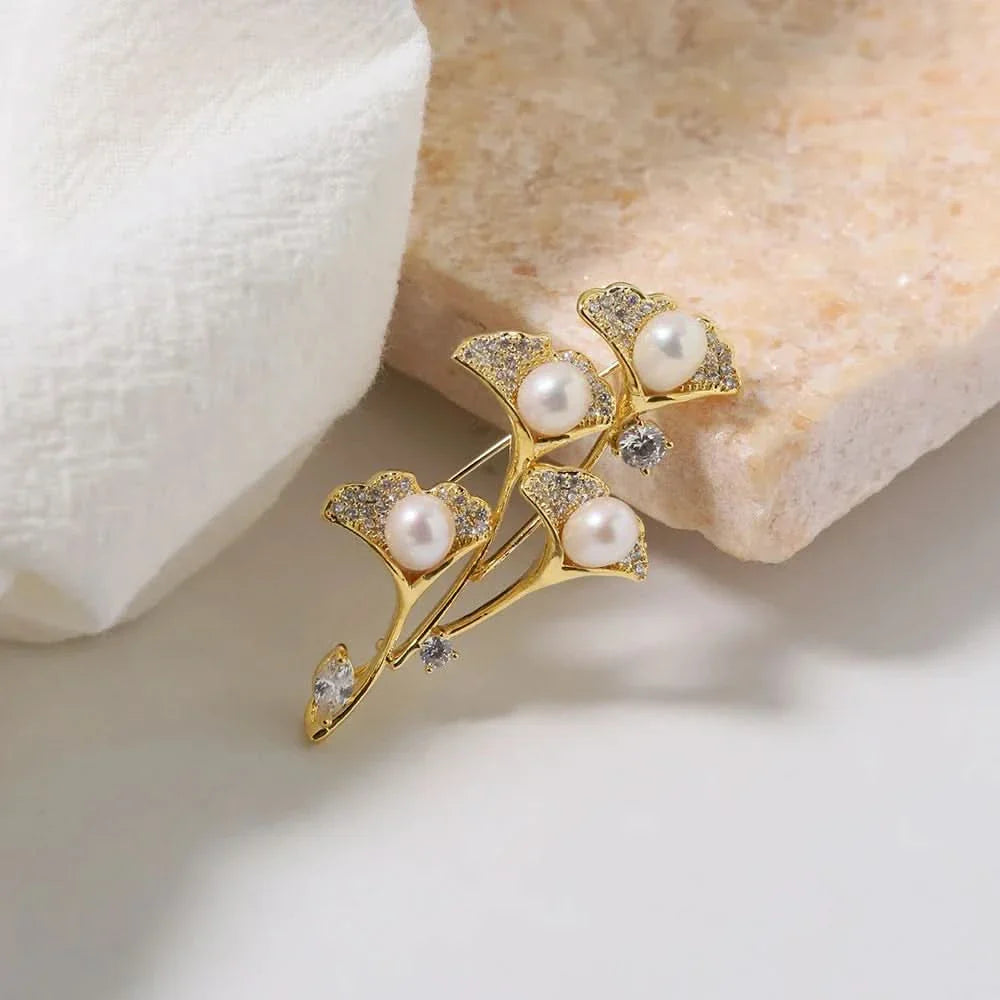 Cedar Leaf Zircon and Freshwater Pearl Brooch