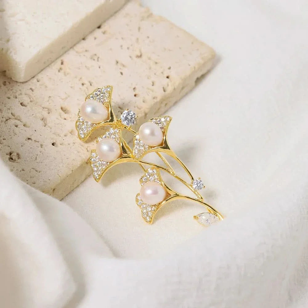 Cedar Leaf Zircon and Freshwater Pearl Brooch