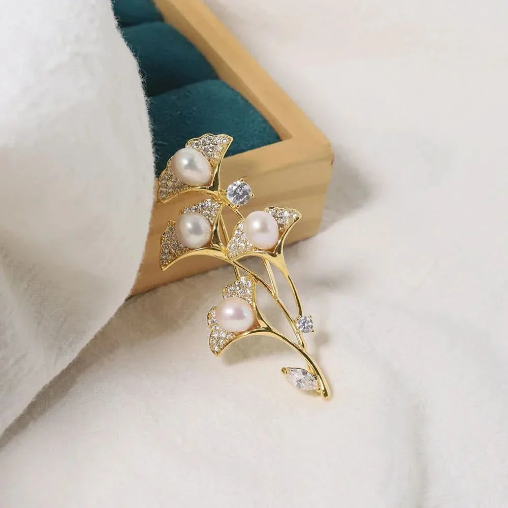 Cedar Leaf Zircon and Freshwater Pearl Brooch