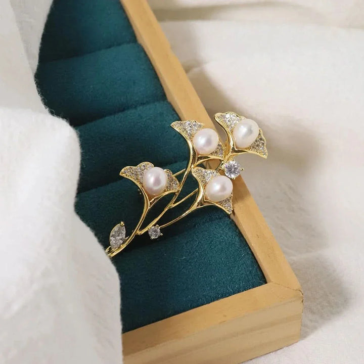 Cedar Leaf Zircon and Freshwater Pearl Brooch