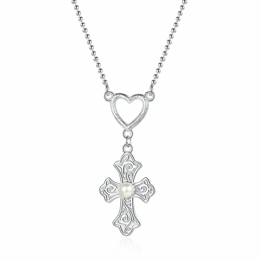 Cross Heart Pendant Silver Necklace
