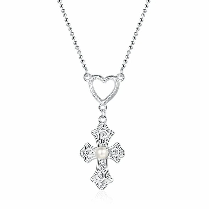 Cross Heart Pendant Silver Necklace