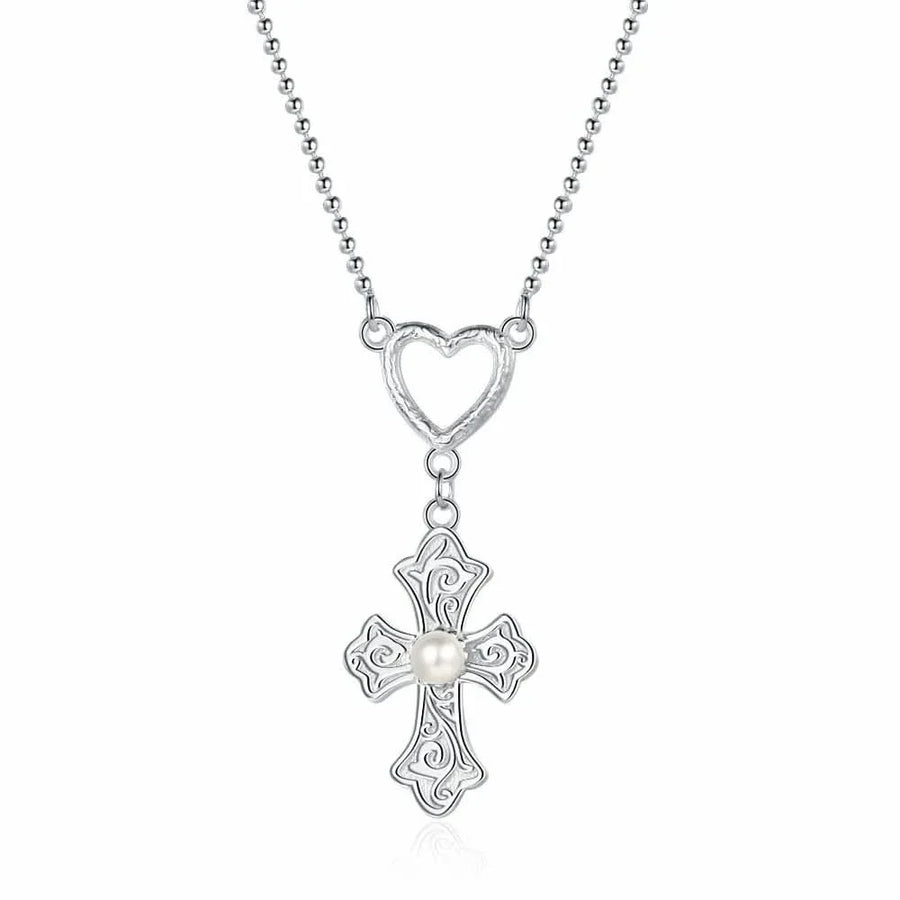 Cross Heart Pendant Silver Necklace