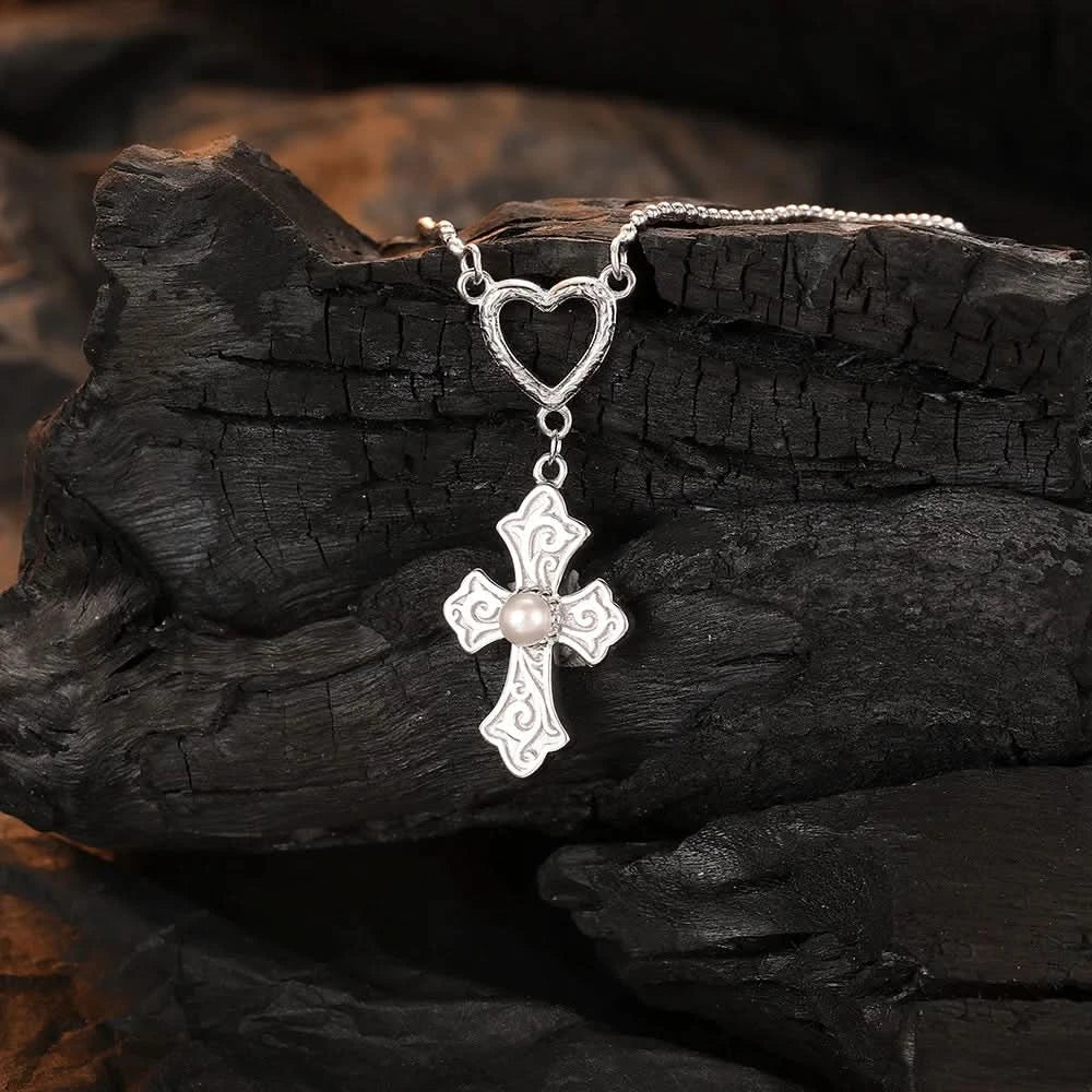 Cross Heart Pendant Silver Necklace