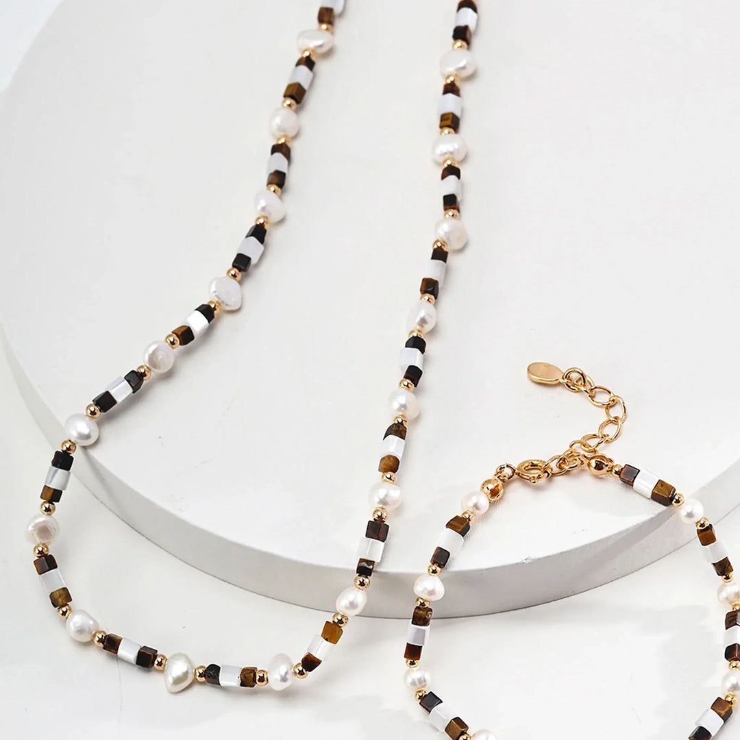 Tiger eye gemstone pearl beaded necklace