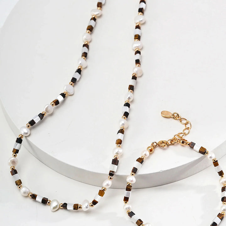 Tiger eye gemstone pearl beaded necklace