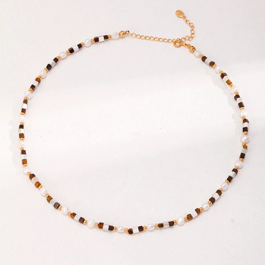 Tiger eye gemstone pearl beaded necklace