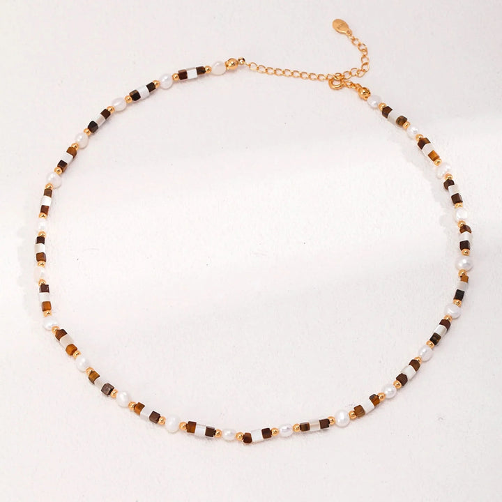 Tiger eye gemstone pearl beaded necklace