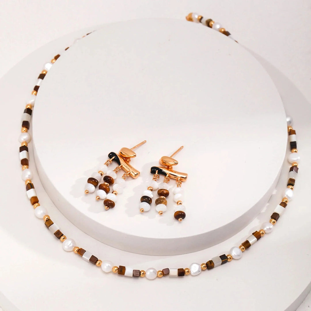 Tiger eye gemstone pearl beaded necklace