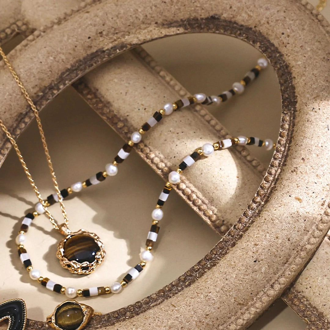Tiger eye gemstone pearl beaded necklace