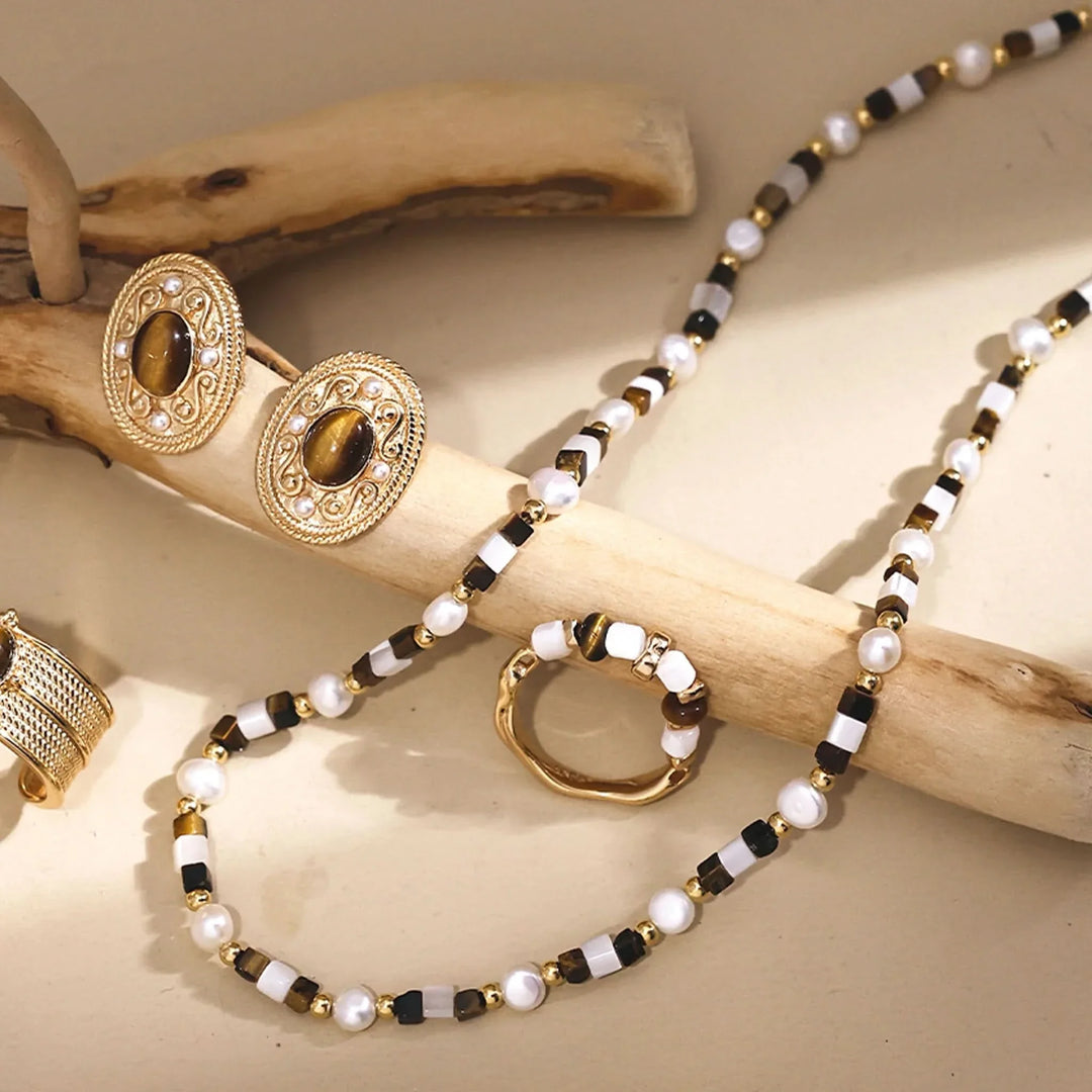 Tiger eye gemstone pearl beaded necklace