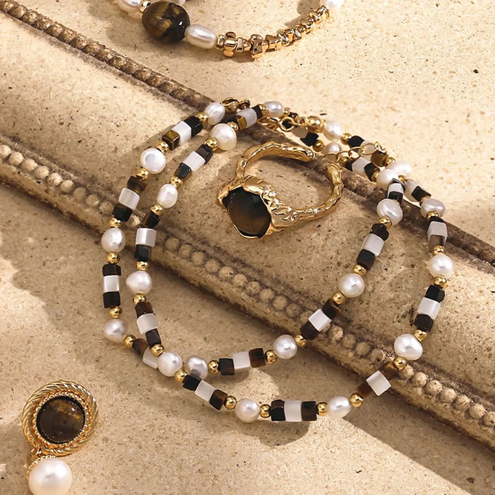 Tiger eye gemstone pearl beaded necklace