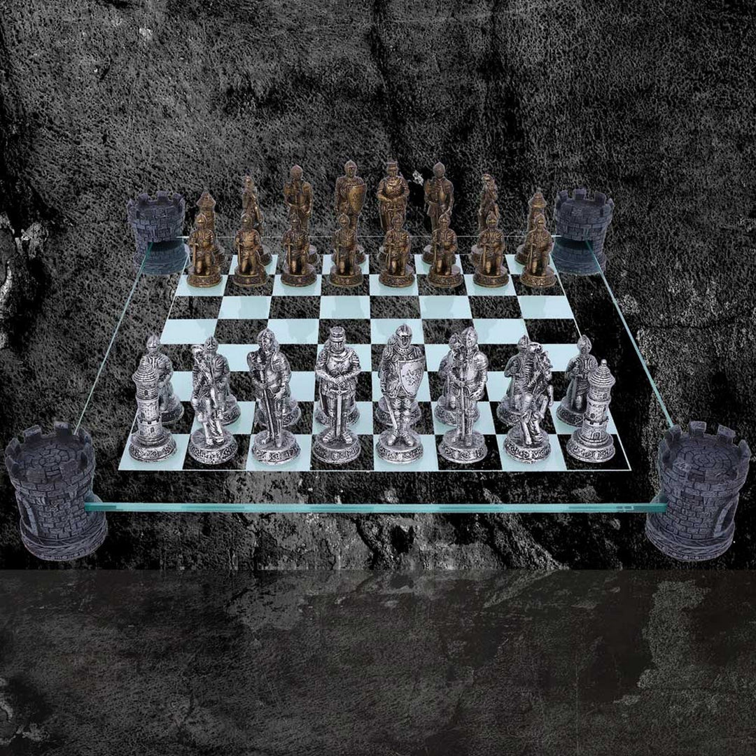 Raised Medieval Knight Chess Set With Corner Towers 43cm D1824E5
